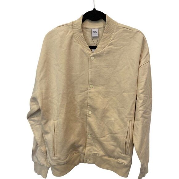 Zara Mens Bomber Jacket L Beige Tan Cotton Stretch Snap Button 3854/338 NWT - Picture 3 of 8